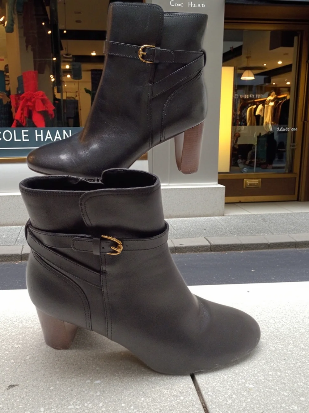 Cole Haan Glendale Jodhpur Black Leather Ankle Booties with Gold Buckle
